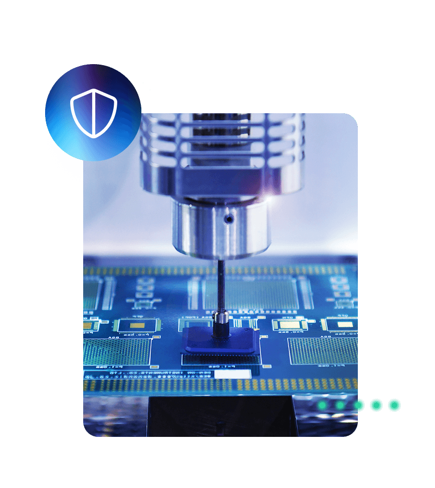 A robotic arm soldering a microchip onto a circuit board with a shield icon indicating cybersecurity.