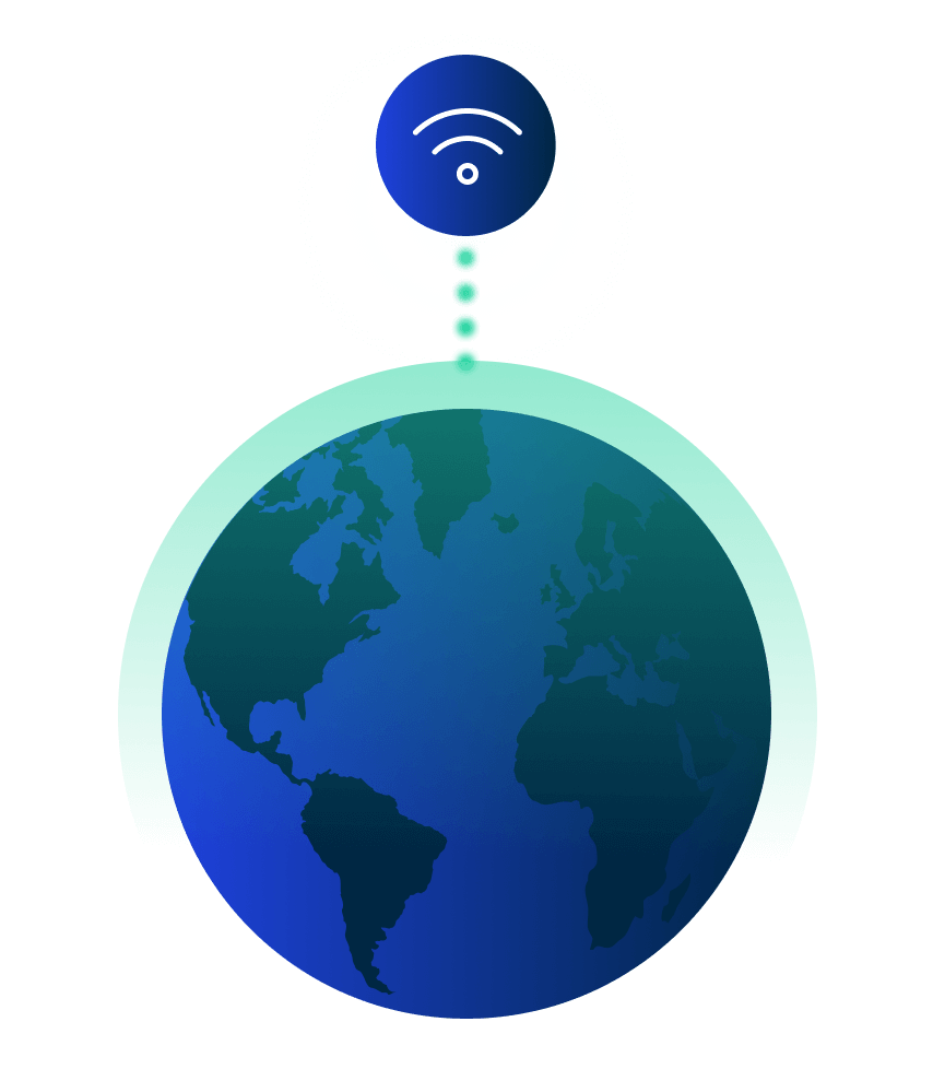 A globe with a Wi-Fi symbol above it, connected by a dotted line, representing global information operations and digital