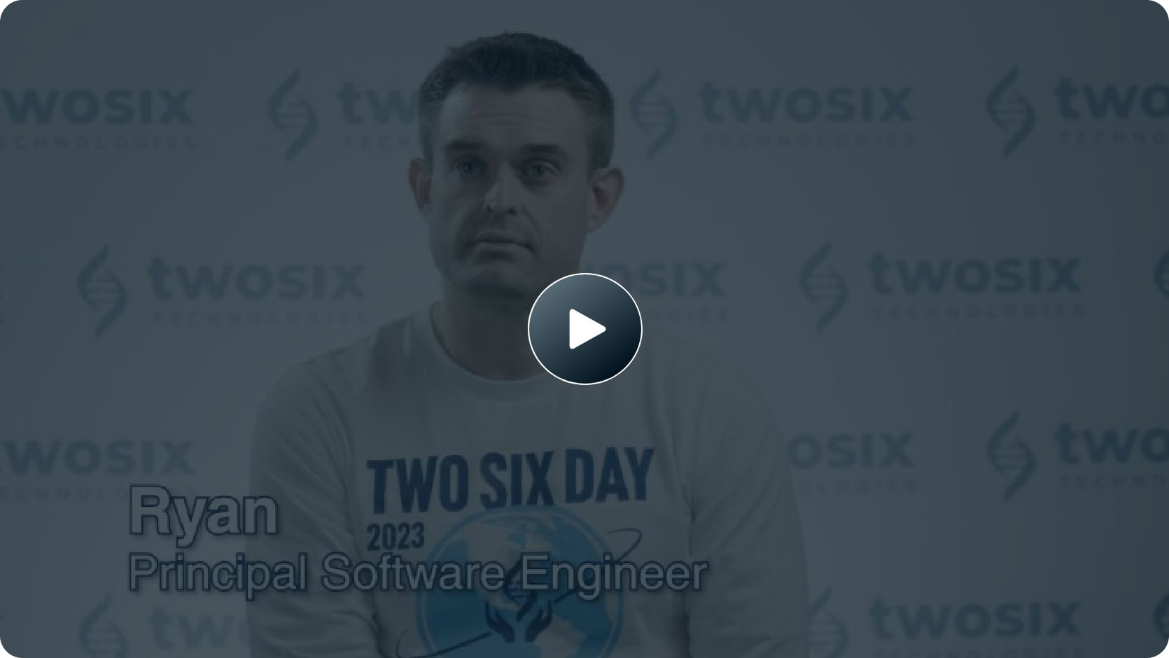 Ryan, a principal software engineer, appears in front of a Twosix Technologies backdrop during a testimonial video.
