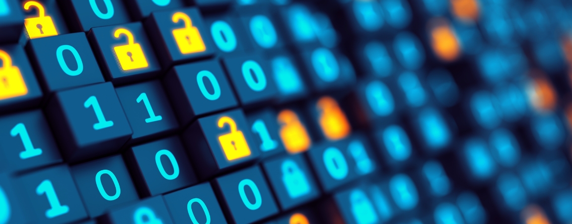 Binary code with yellow lock icons indicating encryption compatibility with Amazon KMS.