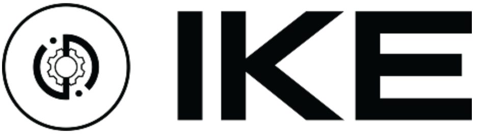A black logo featuring a circular, gear-like icon with a central dot and the bold text "IKE" beside it.