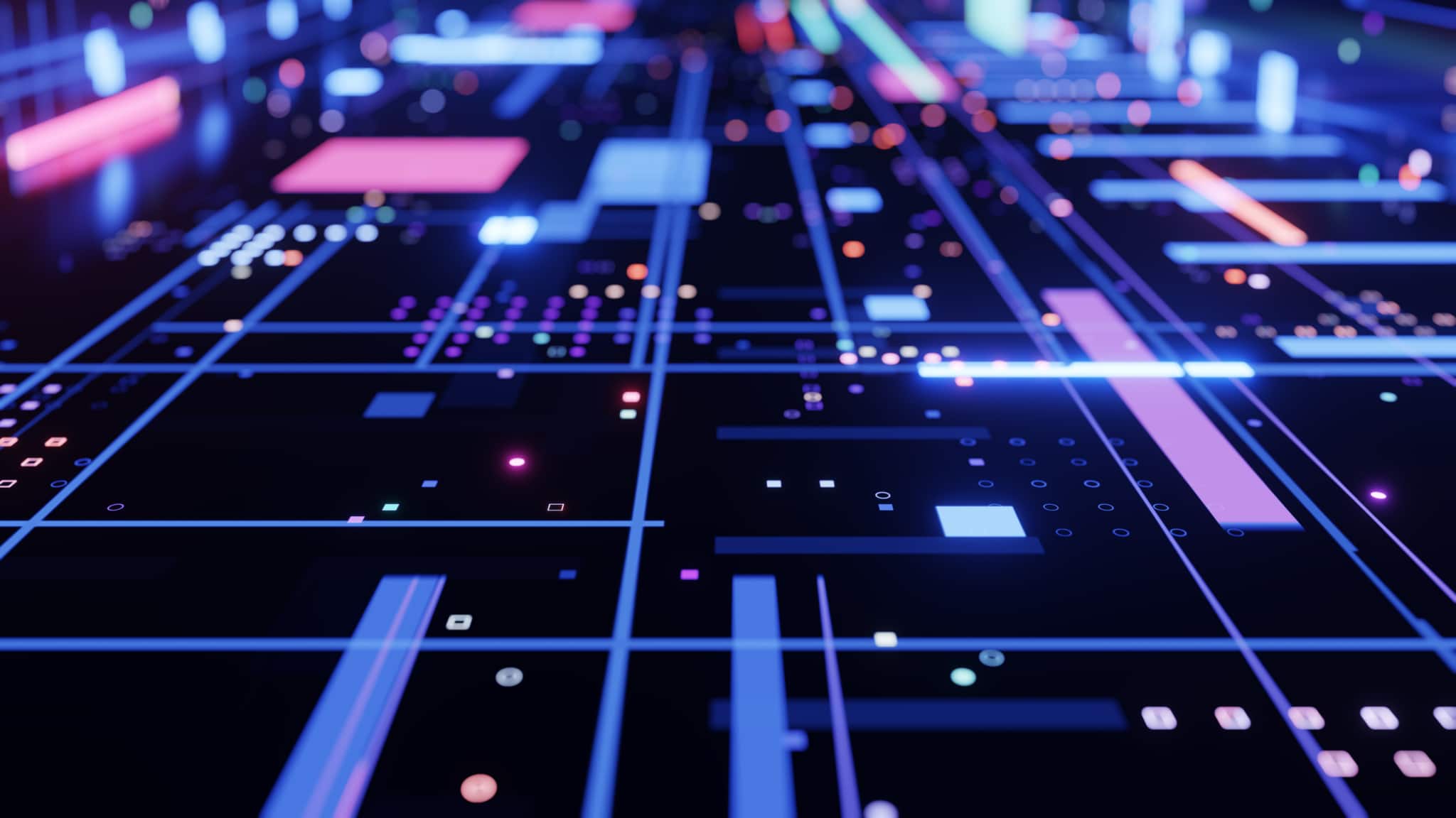 Futuristic digital data visualization with glowing lines, squares, and dots representing technology and science concepts.