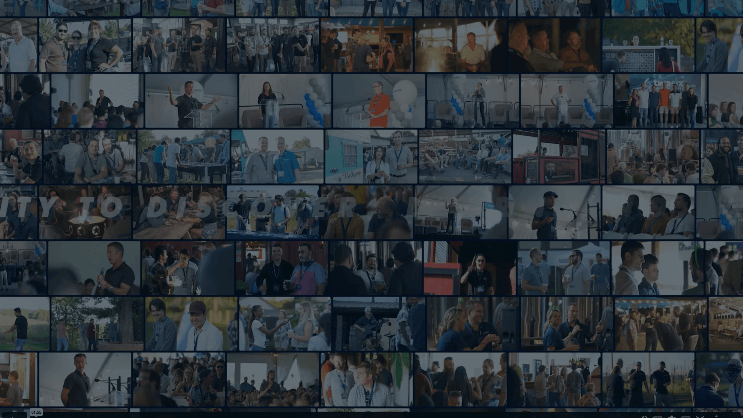 TST-LifeAtTwoSix-Video@2x A collage of people attending an outdoor event with speeches, networking, and social activities under a clear sky.