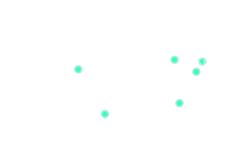 Map of the United States with five teal dots indicating specific locations across different states.