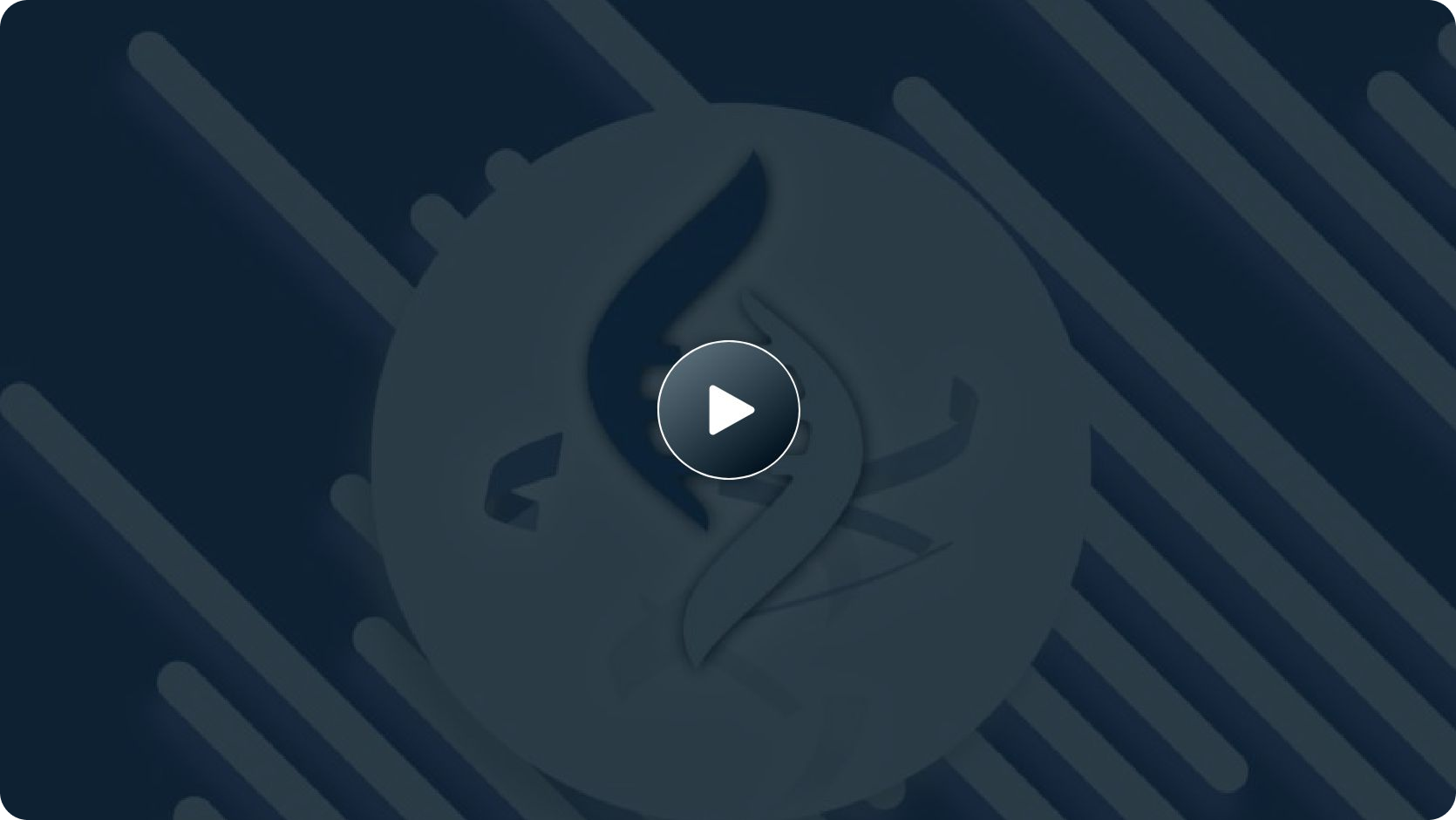 Video testimonial thumbnail with a play button overlay on a dark background.