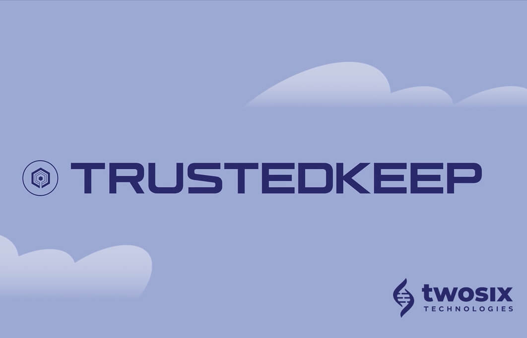TrusteedKeep logo with cloud background and Twosix Technologies branding.