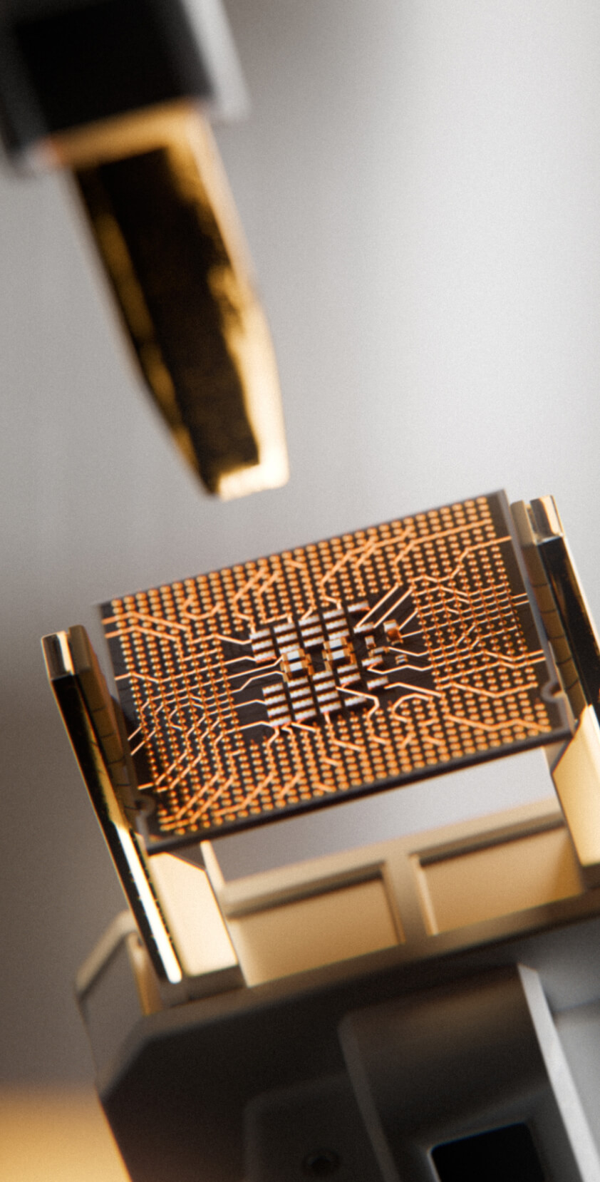 Close-up of a circuit board with intricate orange wiring, mounted on a robotic or autonomous machine platform.