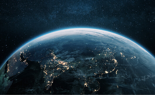 A view of Earth from space with illuminated continents and a starry background, titled "Two-Six-Tech-Earth."