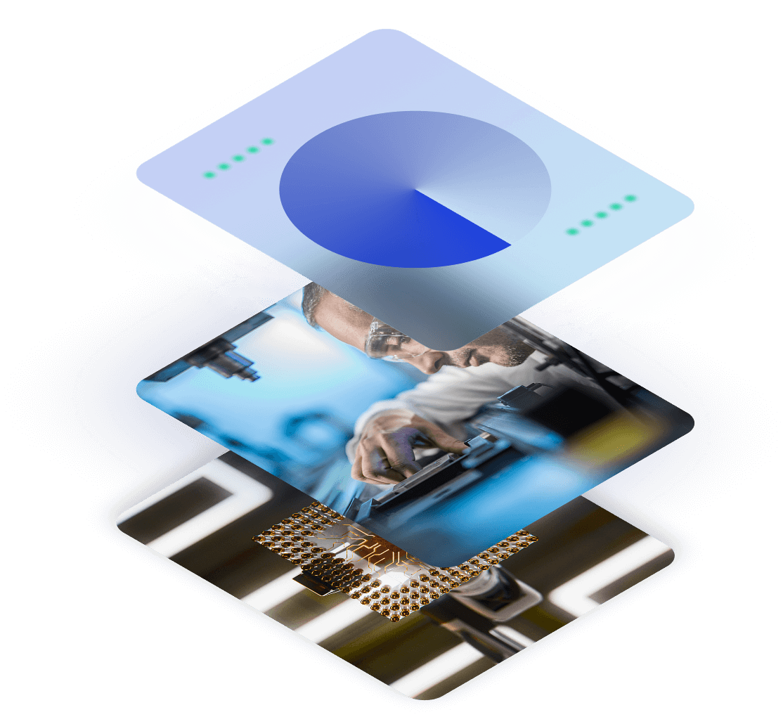 A layered digital illustration featuring electronic components, a technician working on a circuit board, and a data