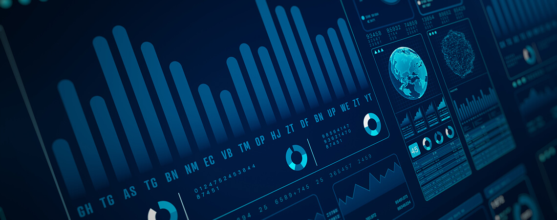 Digital dashboard displaying global data, charts, and analytics in a high-tech, blue-toned interface.