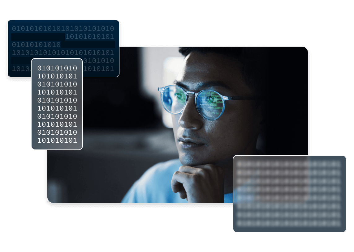 Man with Glasses and Binary Boxes Graphic