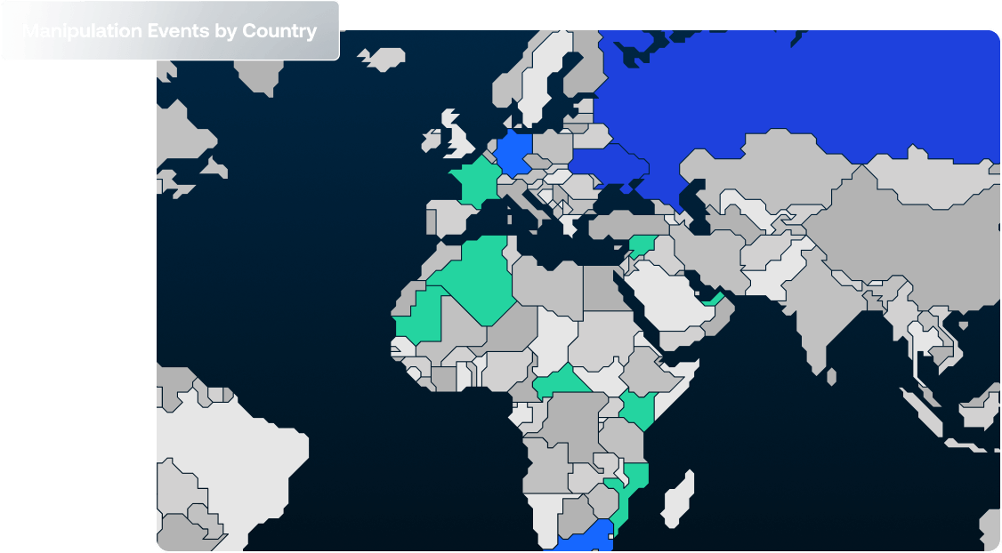 Map highlighting countries with manipulation events, with varying shades indicating event frequency by country.