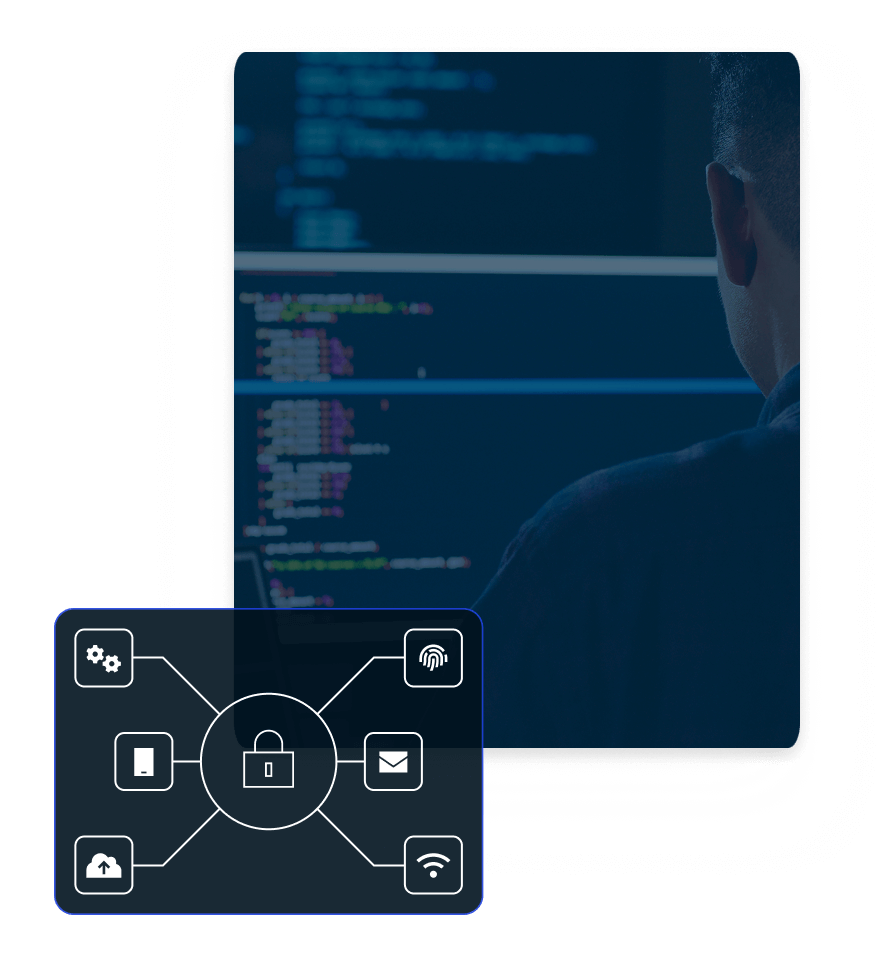 A person monitors code on a screen with a digital diagram of interconnected security solutions around a lock icon.